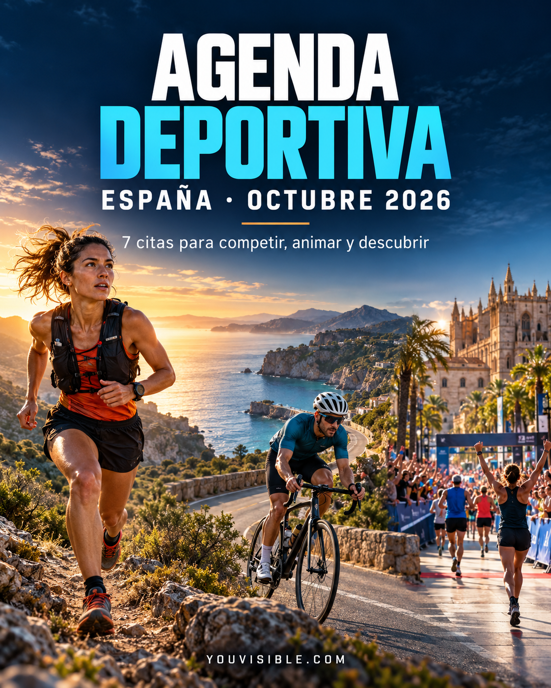 Composición de trail running, ciclismo y carrera urbana para la agenda deportiva de España de octubre de 2026.
