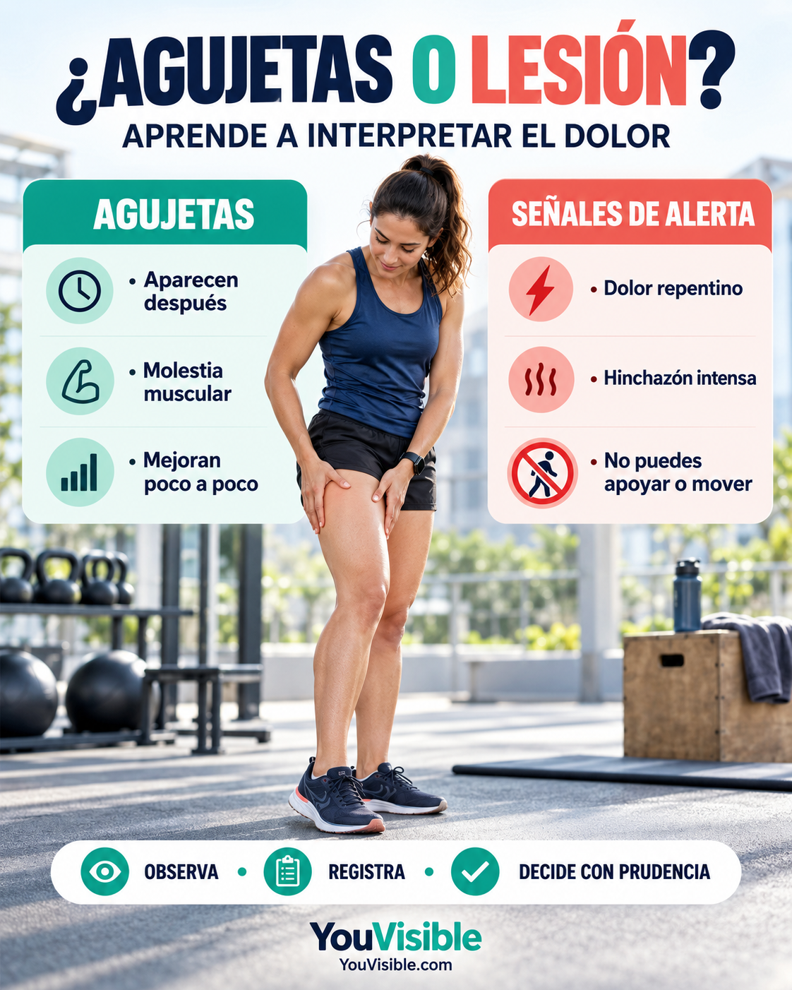 Deportista evaluando una molestia muscular junto a una comparación entre agujetas y señales de posible lesión.