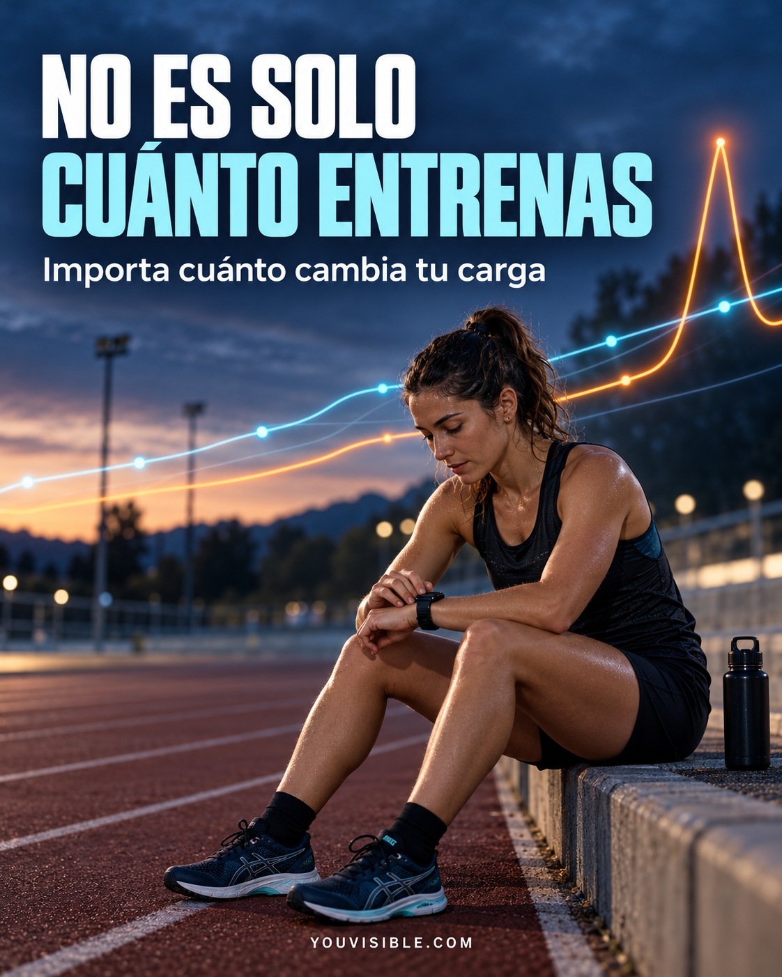 Deportista revisando su reloj después de entrenar, con una progresión gradual y un pico de carga representados al fondo.