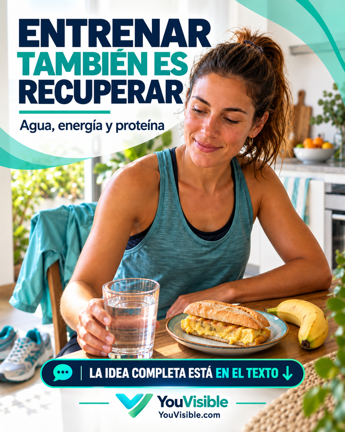 Bocadillo de tortilla, fruta y agua como ejemplo de comida sencilla para después de entrenar.