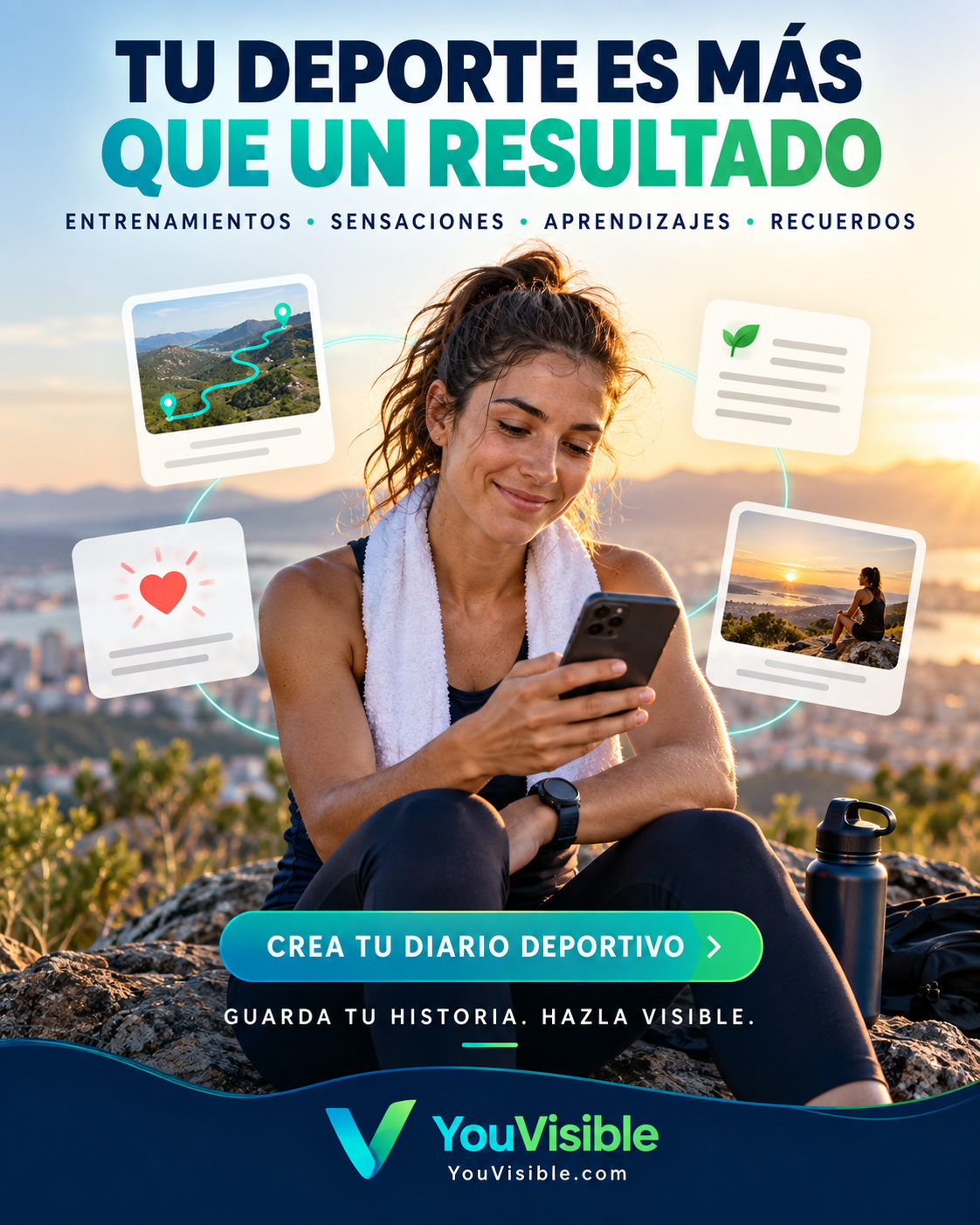 Deportista registrando en su teléfono entrenamientos, sensaciones, aprendizajes y recuerdos en su diario deportivo.