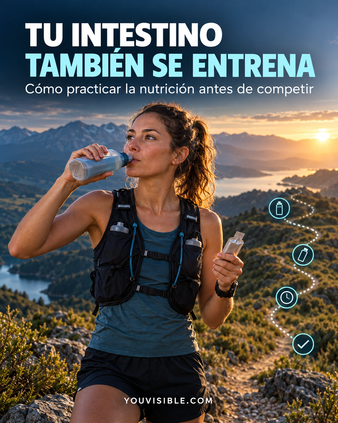 Corredora de montaña practicando su estrategia de hidratación y alimentación durante un entrenamiento antes de competir.