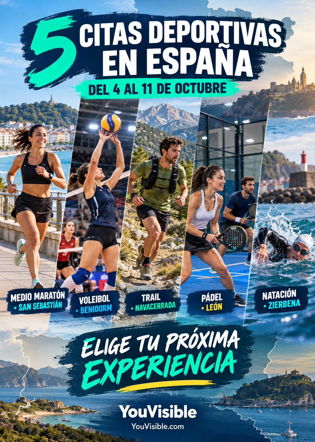 Composición de cinco citas deportivas en España con atletismo, voleibol, trail, pádel y natación en aguas abiertas.