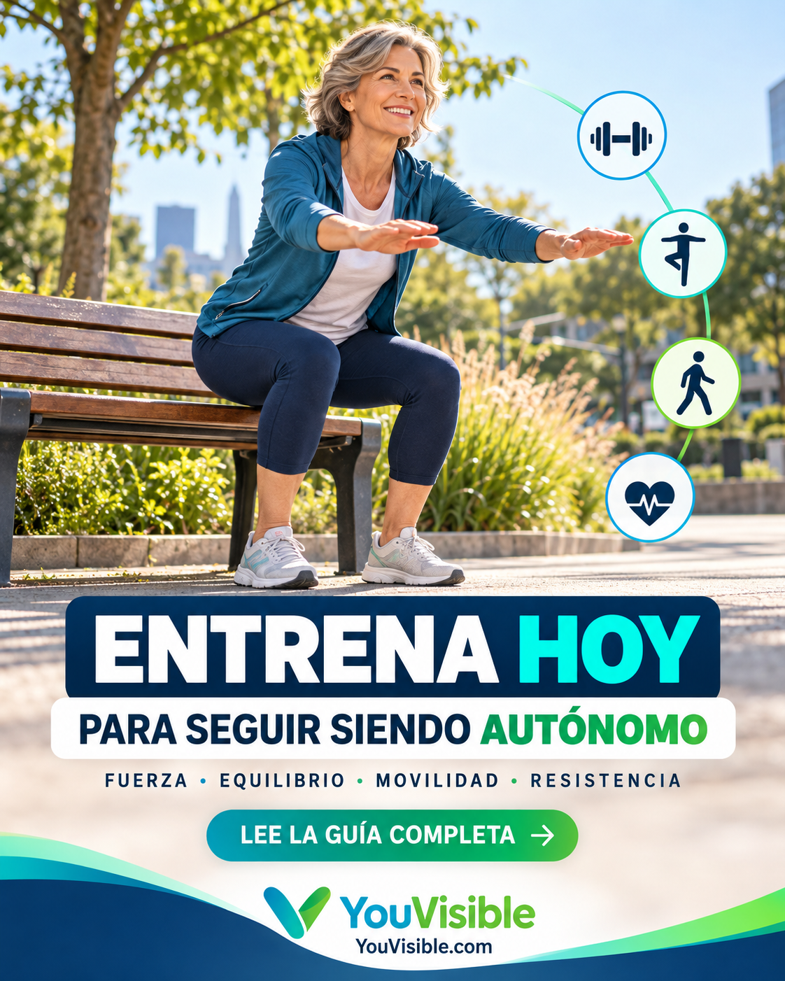 Persona adulta entrenando fuerza, equilibrio, movilidad y capacidad cardiovascular para conservar su autonomía.
