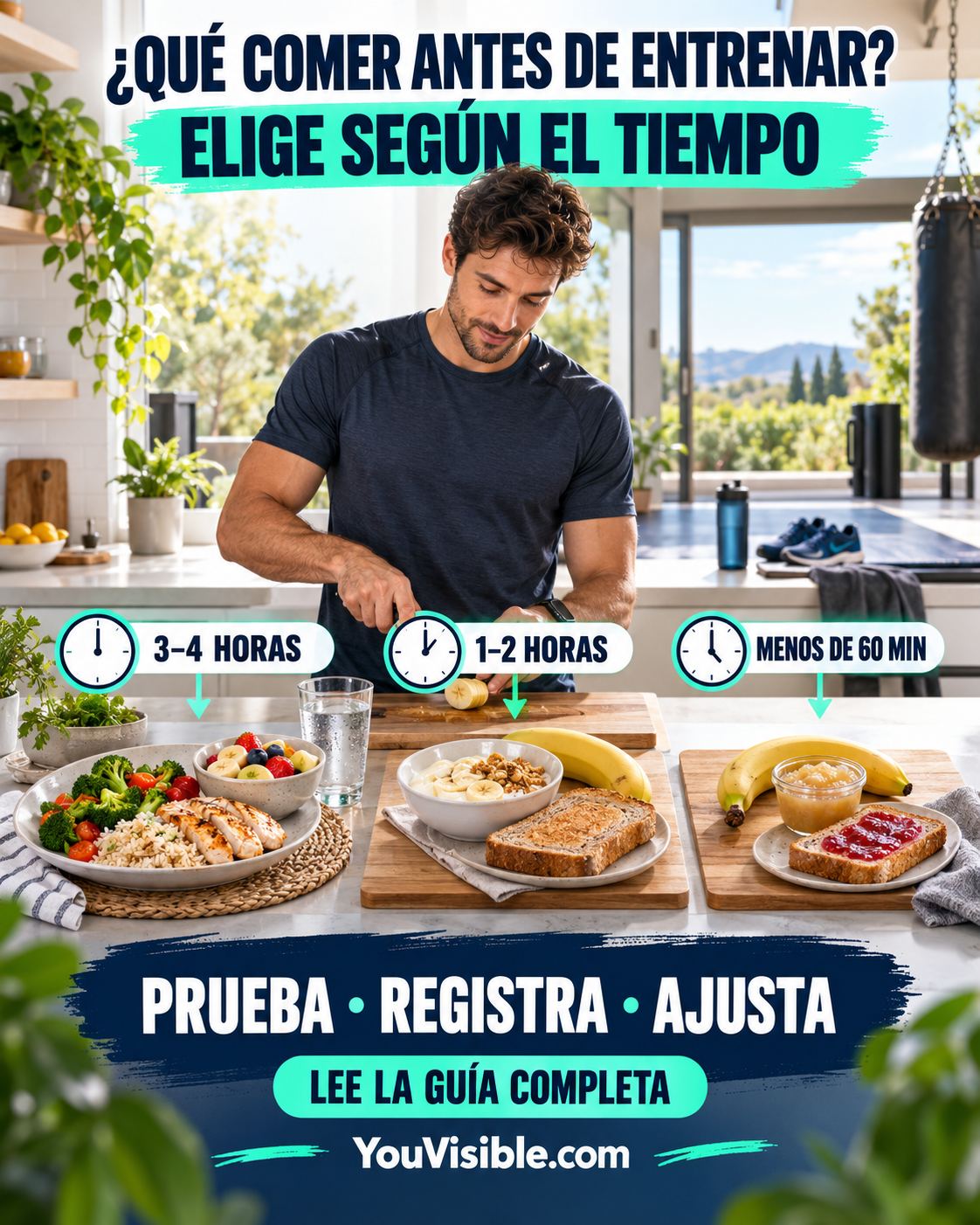 Deportista preparando distintas opciones de comida antes de entrenar según el tiempo disponible.