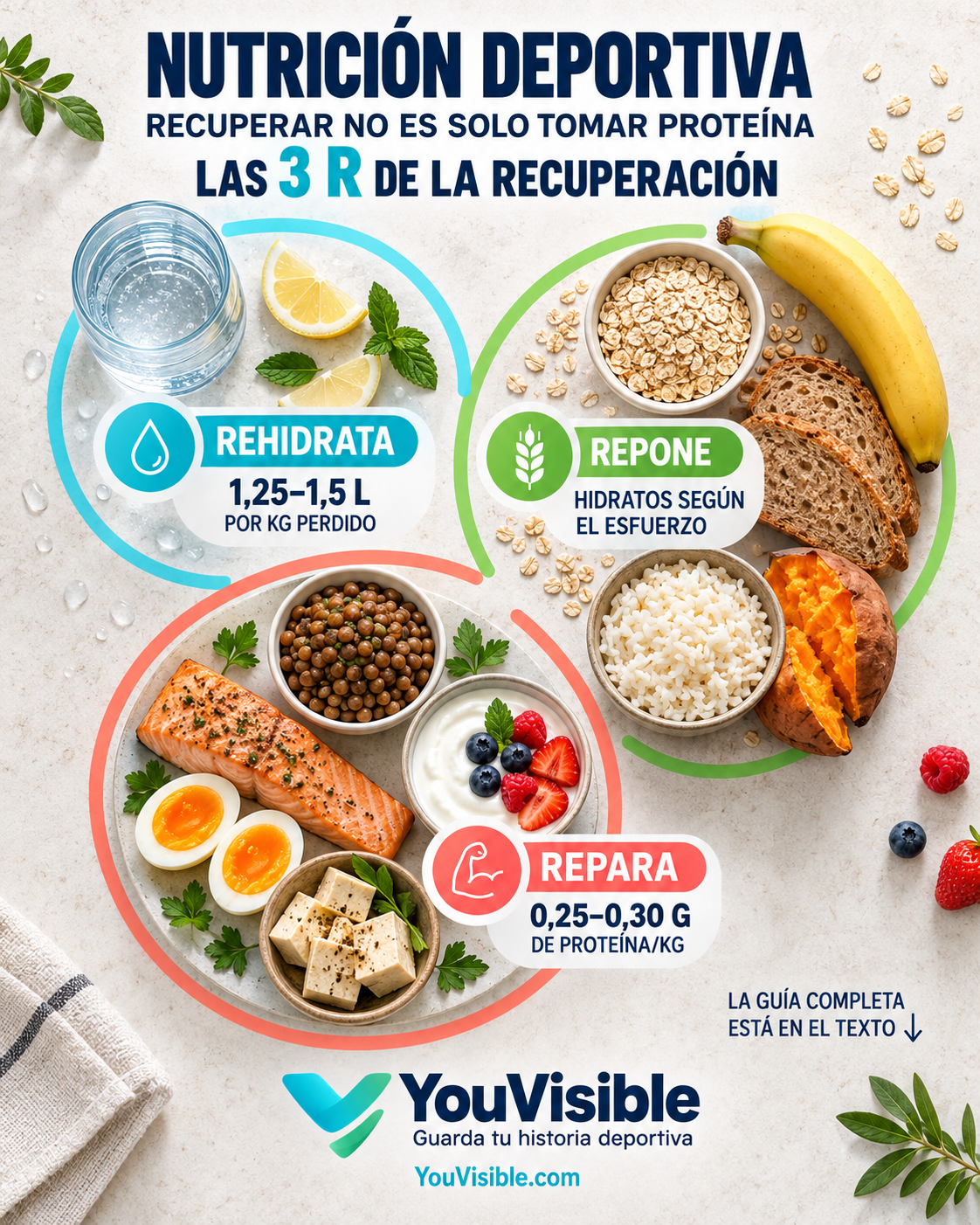 Deportista preparando una comida de recuperación con agua, fruta, hidratos de carbono y una fuente de proteína después de entrenar.
