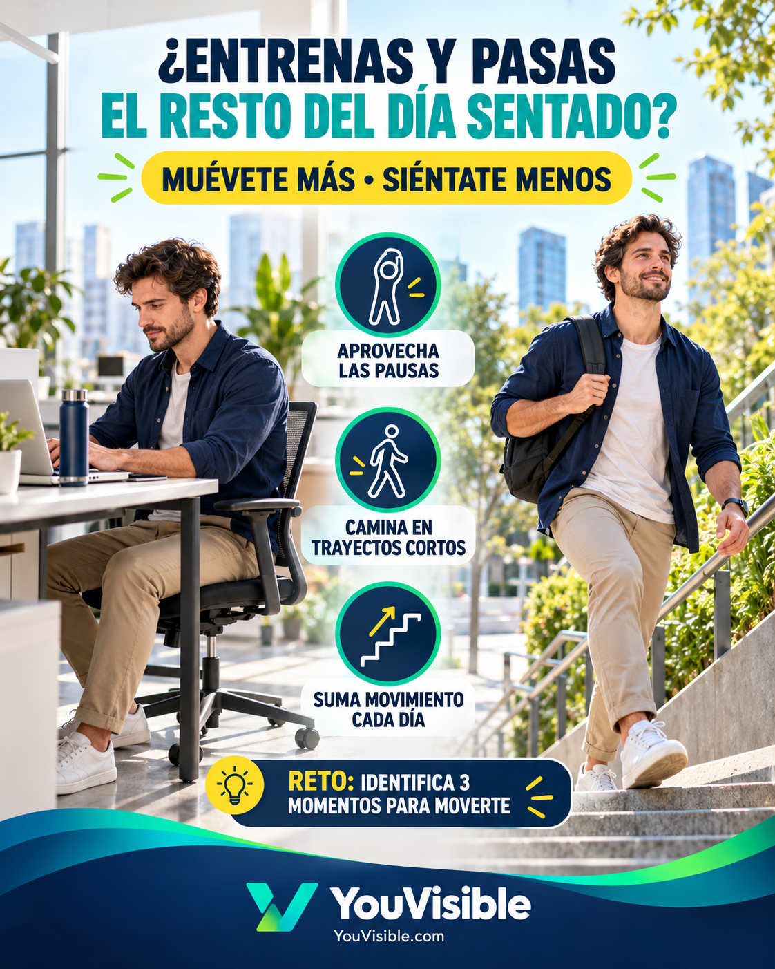 Persona alternando el trabajo sentado con pausas, caminatas y escaleras para acumular movimiento durante el día.