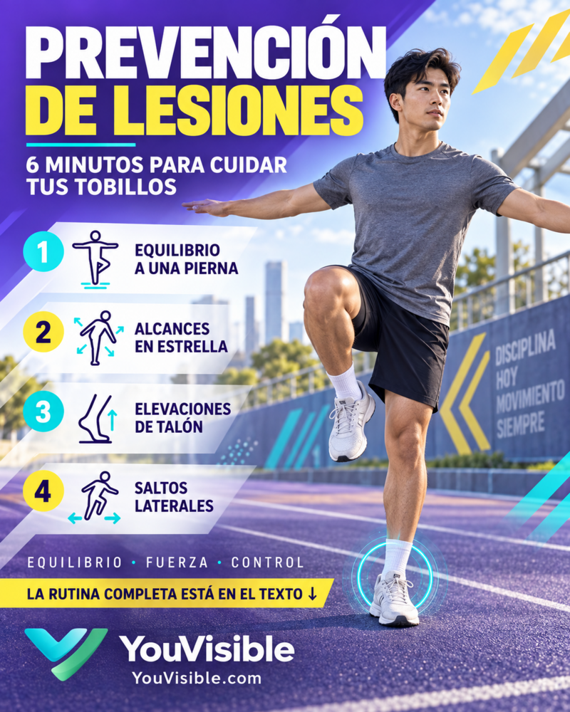 Infografía de una rutina preventiva de tobillo con equilibrio a una pierna, alcances, elevaciones de talón y saltos laterales.