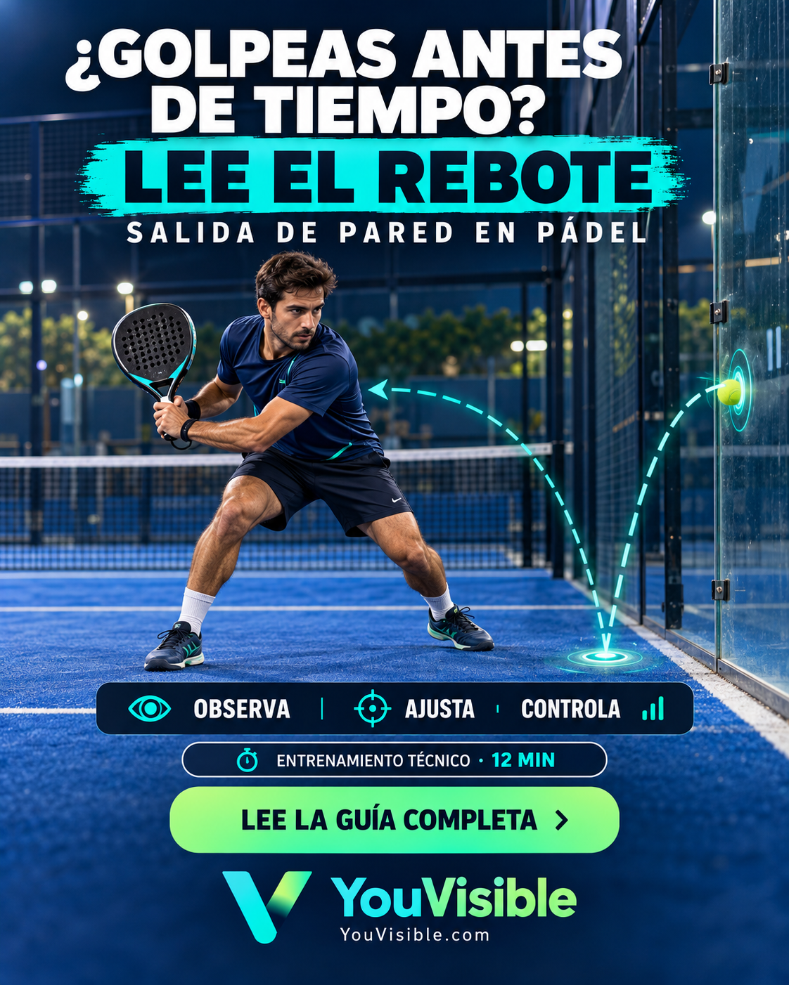 Jugador de pádel esperando el rebote de la pelota en el cristal para realizar una salida de pared controlada.