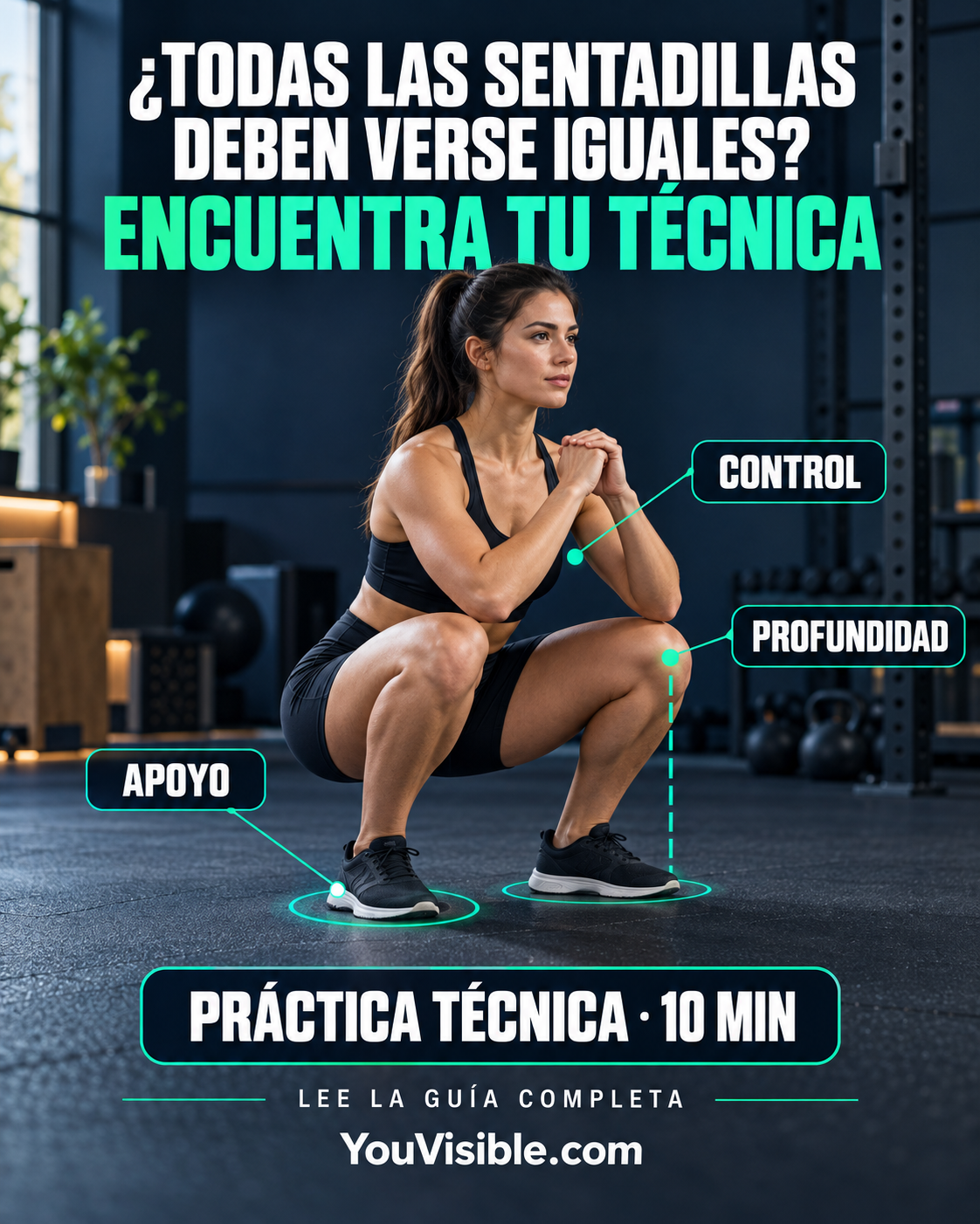 Persona realizando una sentadilla controlada con los pies apoyados y las rodillas orientadas en la dirección de los pies.
