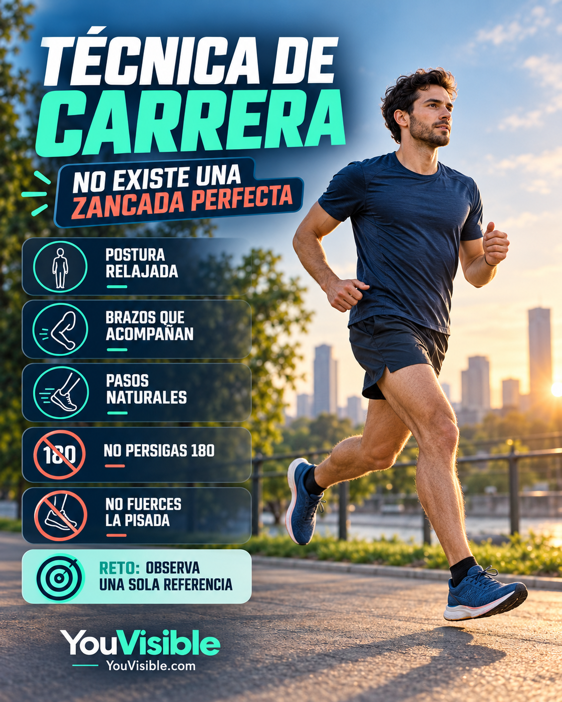 Corredor practicando una técnica de carrera natural con postura relajada, movimiento coordinado de brazos y zancada controlada.