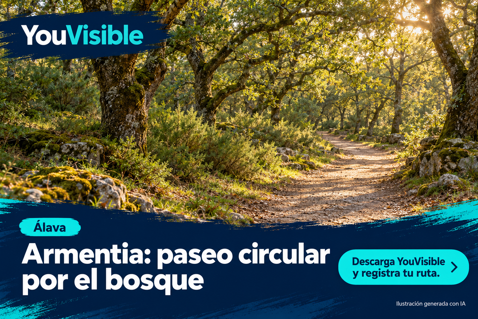 Ilustración promocional de YouVisible para el paseo de Armentia, con un camino de bosque, árboles, musgo y vegetación de sotobosque; incluye título y llamada a registrar la ruta.
