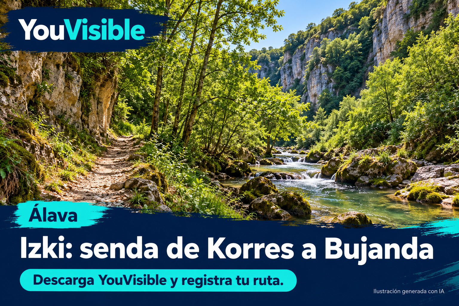 Ilustración promocional de YouVisible para la senda de Korres a Bujanda en Izki, con río, árboles, rocas y un camino entre paredes rocosas; incluye título y llamada a registrar la ruta.