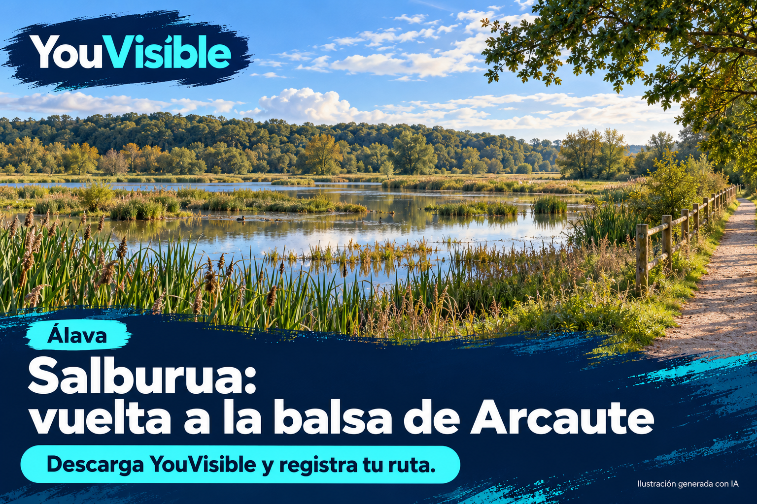 Ilustración promocional de YouVisible para la balsa de Arcaute en Salburua, con agua, carrizos, vegetación y un camino junto a una valla; incluye título y llamada a registrar la ruta.