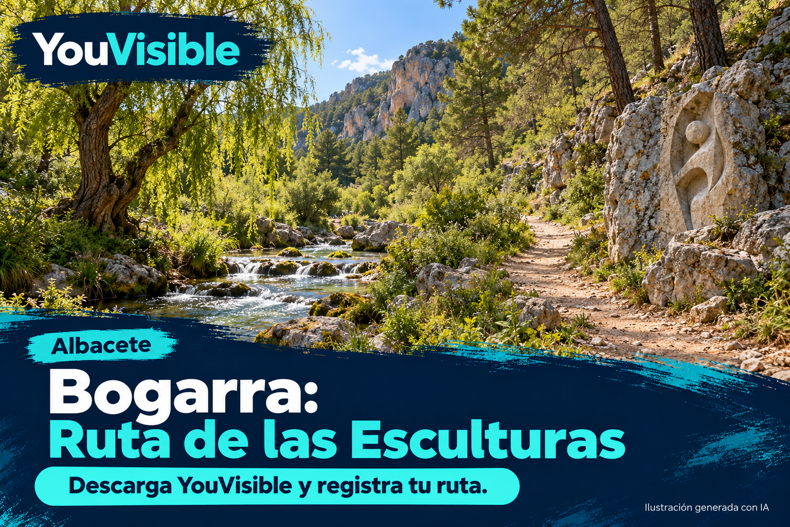 Ilustración promocional de YouVisible para la Ruta de las Esculturas de Bogarra, con una senda junto al río y una escultura de piedra; incluye título y llamada a registrar la ruta.