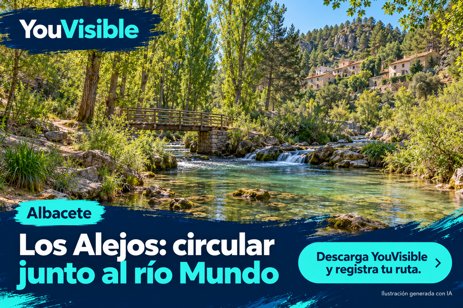 Ilustración promocional de YouVisible para Los Alejos, con río, puente de madera, árboles y casas serranas; incluye título y llamada a registrar la ruta.
