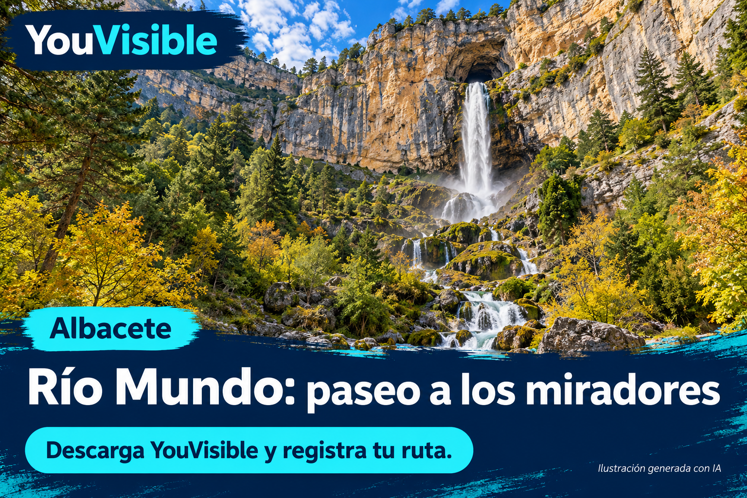 Ilustración promocional de YouVisible para Los Chorros del río Mundo, con una cascada sobre un paredón rocoso y un valle boscoso; incluye título y llamada a registrar la ruta.