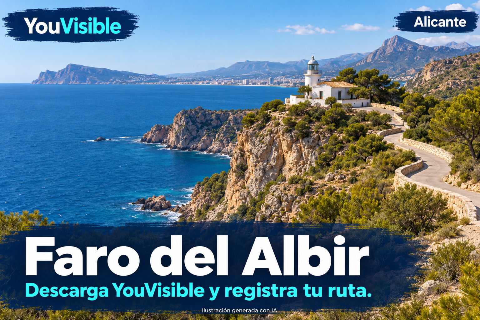 Ilustración promocional de YouVisible para el Faro del Albir, con un faro blanco, camino pavimentado, laderas rocosas y mar; incluye título y llamada a registrar la ruta.