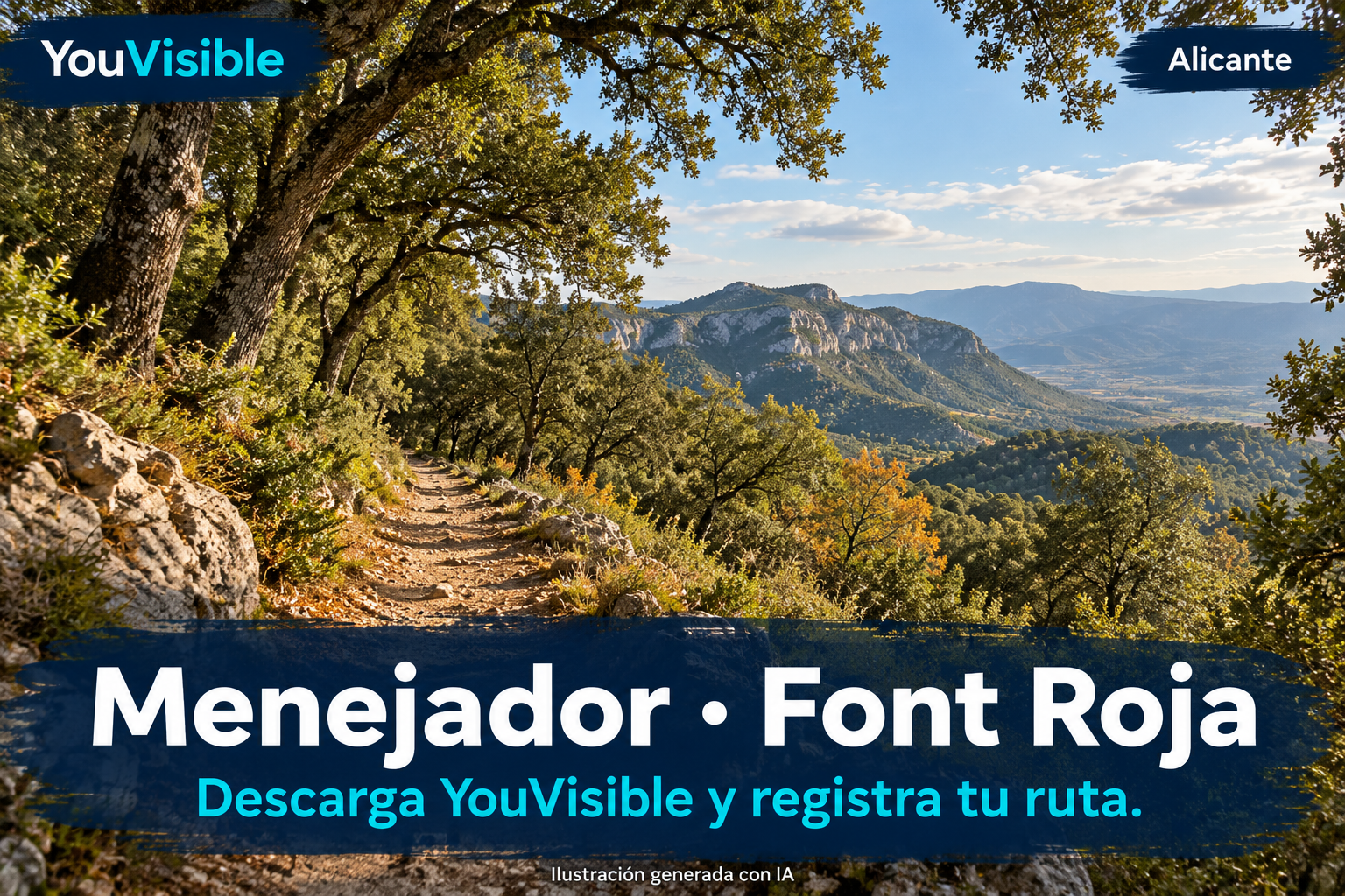 Ilustración promocional de YouVisible para Menejador · Font Roja, con un camino de tierra entre árboles y montañas interiores al fondo; incluye título y llamada a registrar la ruta.