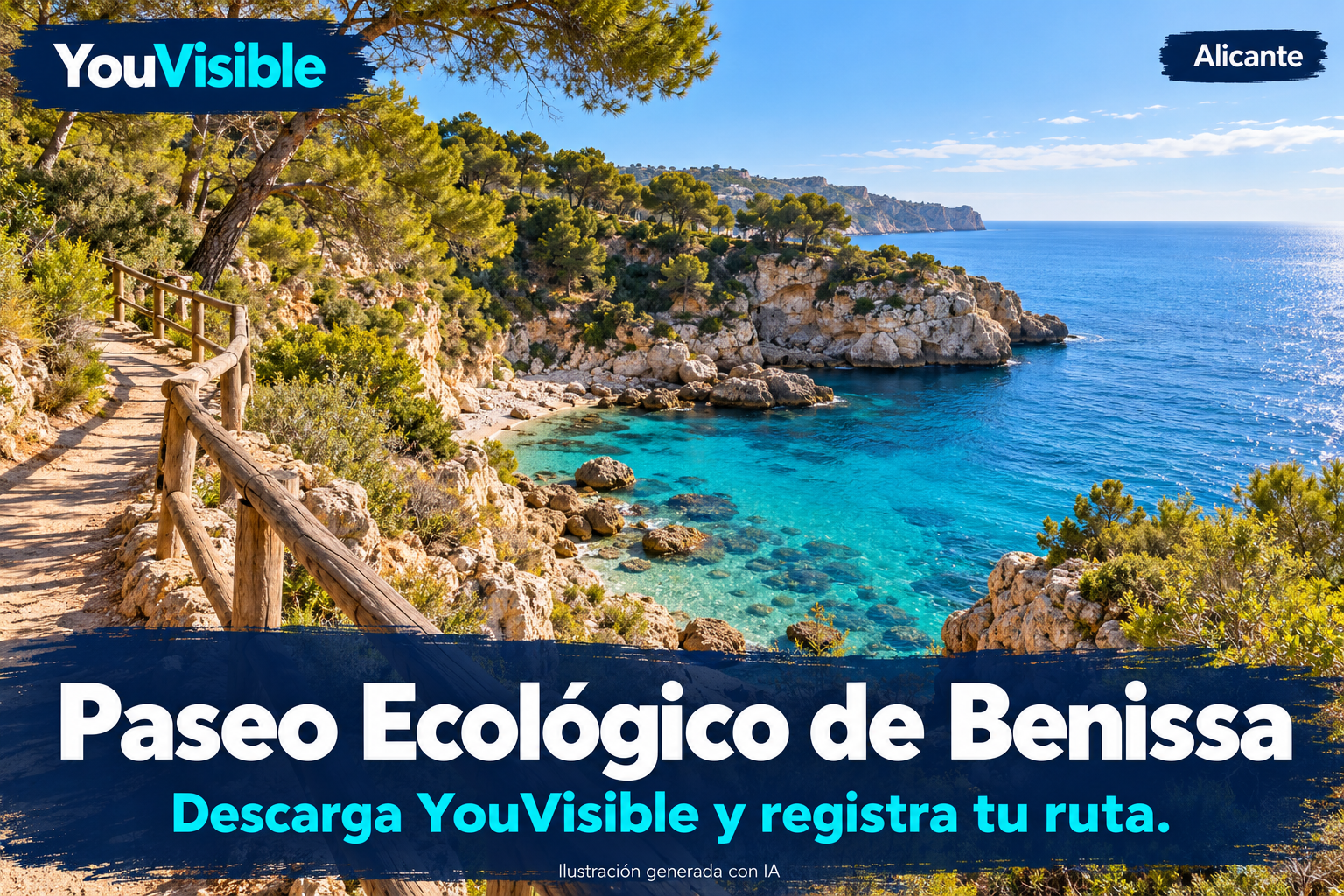 Ilustración promocional de YouVisible para el Paseo Ecológico de Benissa, con sendero y barandilla de madera entre pinos sobre una cala turquesa; incluye título y llamada a registrar la ruta.