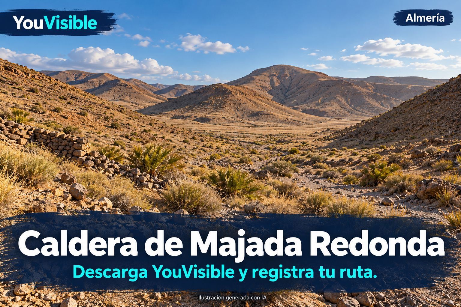 Ilustración promocional de YouVisible para la Caldera de Majada Redonda, con una rambla pedregosa, lomas ocres y muros de piedra; incluye título y llamada a registrar la ruta.