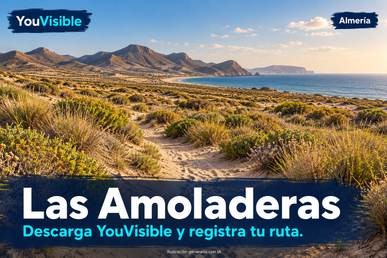 Ilustración promocional de YouVisible para Las Amoladeras, con un camino arenoso entre matorral, cerros áridos y costa al fondo; incluye título y llamada a registrar la ruta.