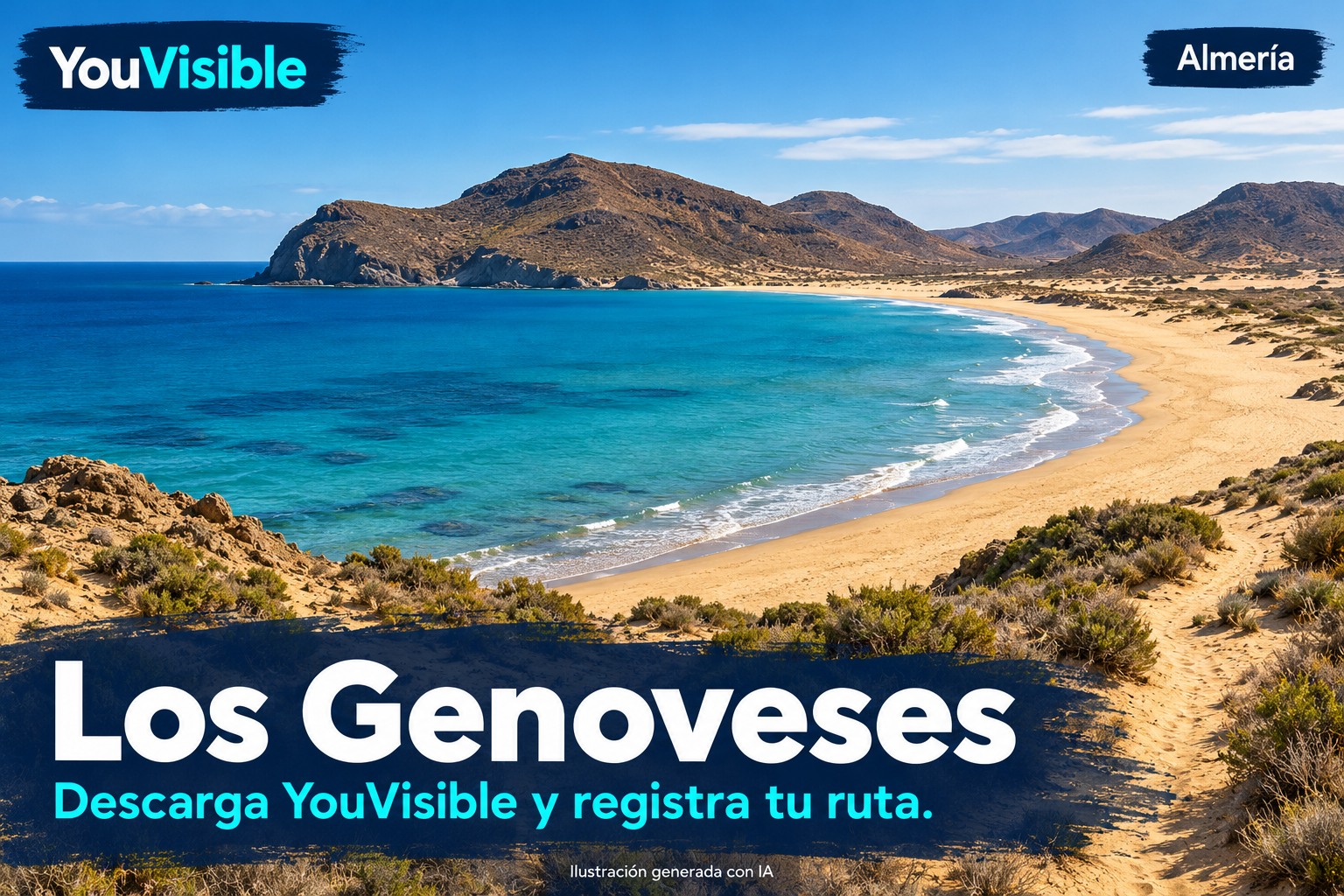 Ilustración promocional de YouVisible para Los Genoveses, con una amplia bahía de arena, mar turquesa y cerros áridos; incluye título y llamada a registrar la ruta.