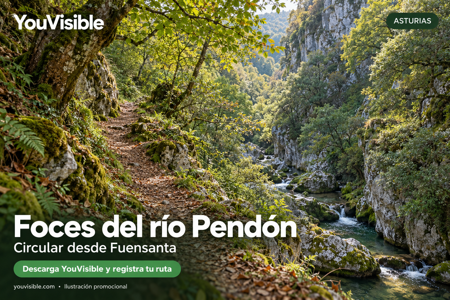 Ilustración promocional de YouVisible con sendero junto al río entre bosque y paredes calizas para las Foces del Pendón