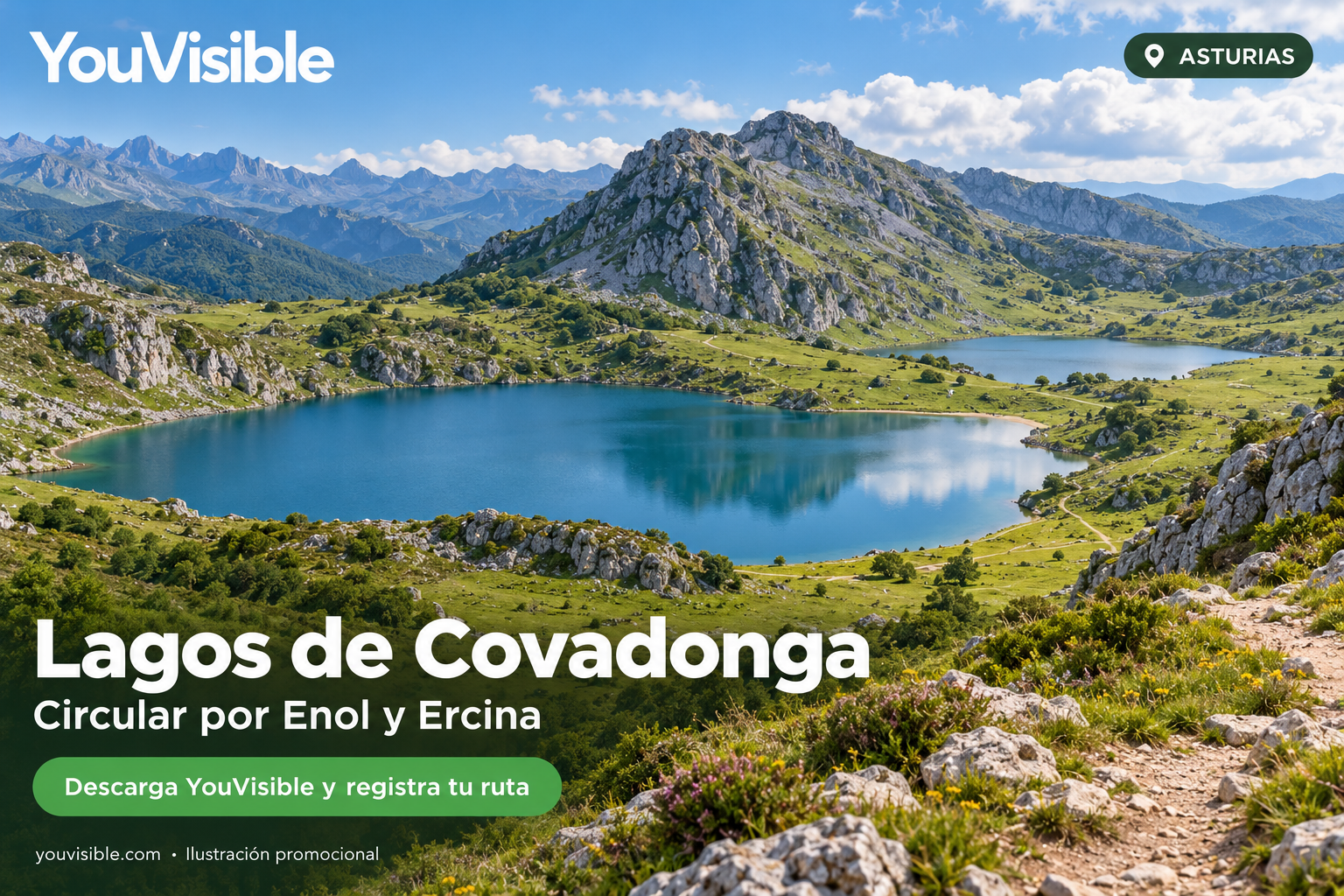 Ilustración promocional de YouVisible con dos lagos, praderas y montañas para la circular de Covadonga