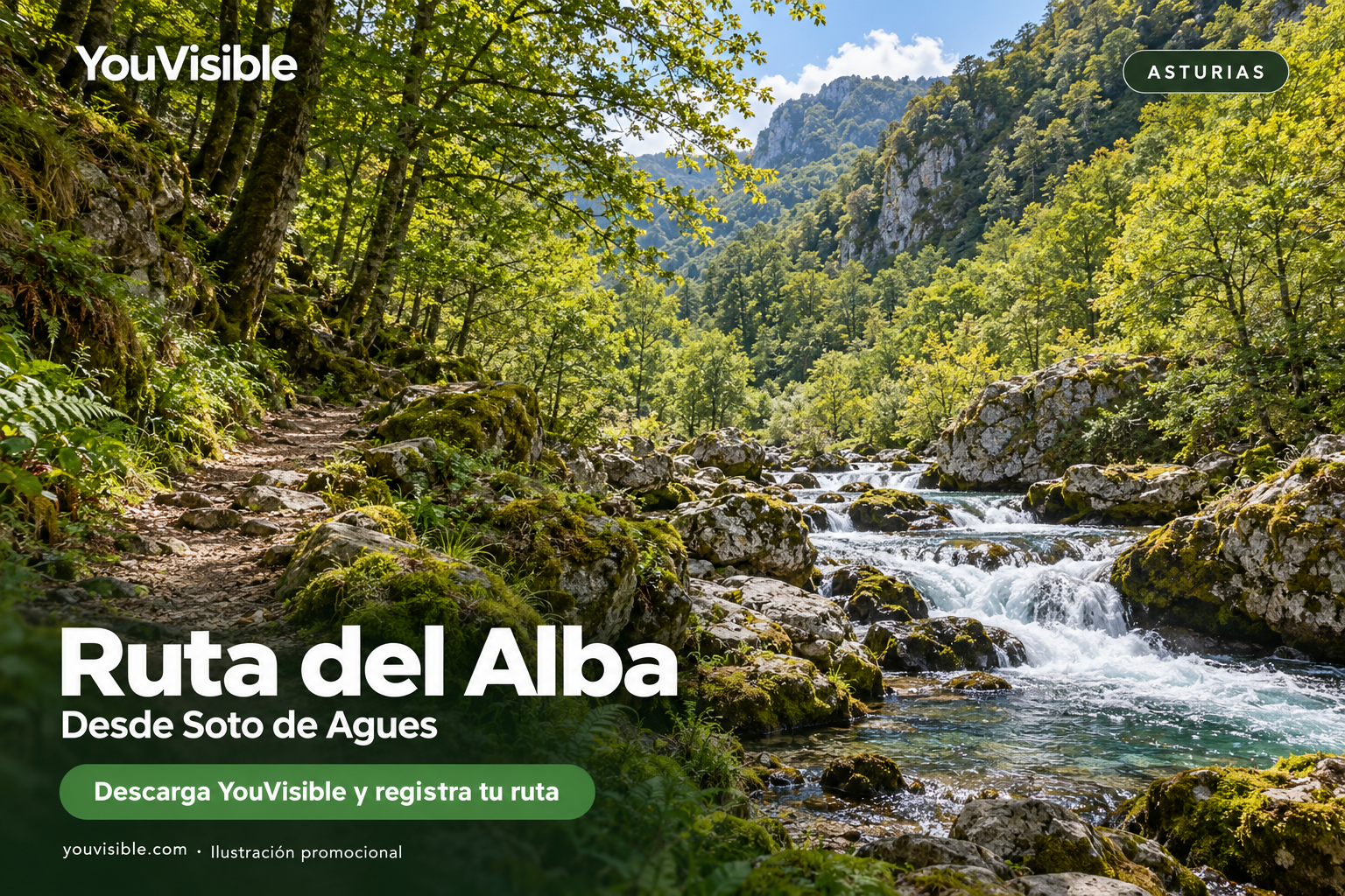 Ilustración promocional de YouVisible con río de aguas rápidas y sendero entre bosque para la Ruta del Alba