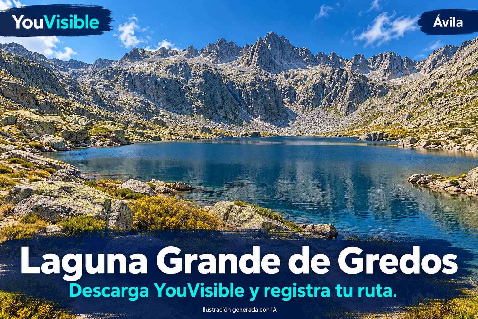 Ilustración promocional de YouVisible para la Laguna Grande de Gredos, con una laguna azul, bloques y cumbres graníticas; incluye título y llamada a registrar la ruta.