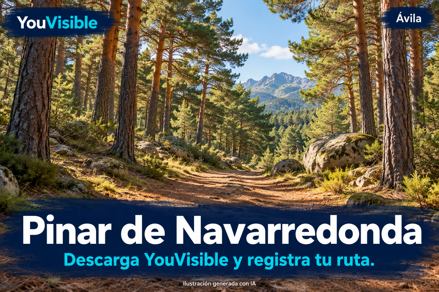 Ilustración promocional de YouVisible para el Pinar de Navarredonda, con un camino de tierra entre grandes pinos de troncos anaranjados y bloques de granito; incluye título y llamada a registrar la ruta.