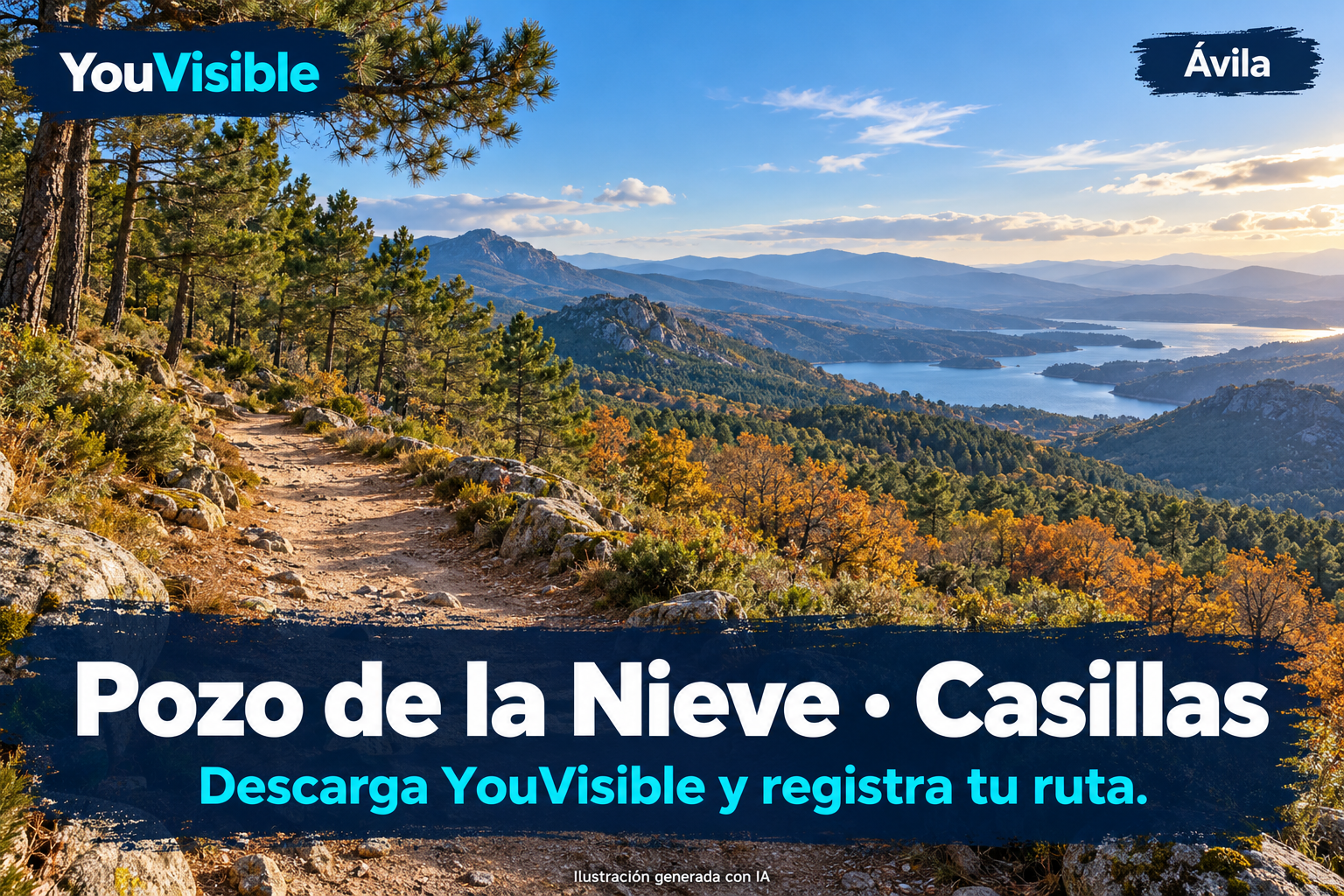 Ilustración promocional de YouVisible para el Pozo de la Nieve · Casillas, con un camino pedregoso entre árboles y un embalse lejano entre montañas; incluye título y llamada a registrar la ruta.