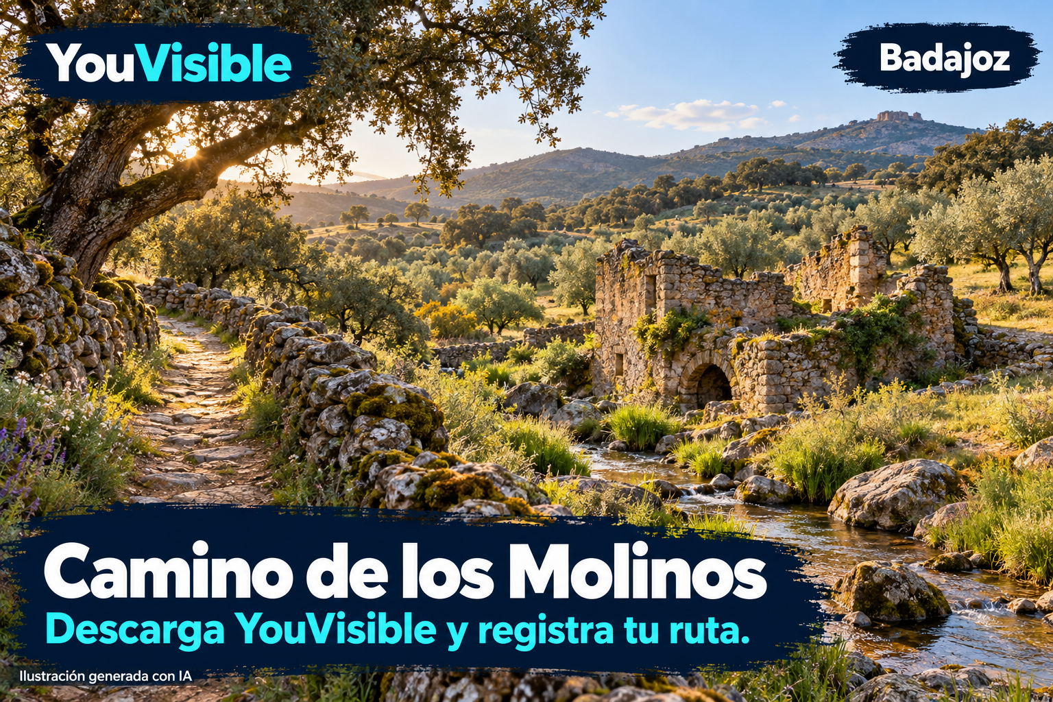 Ilustración promocional generada con IA para YouVisible: camino rural entre encinas, muros y ruinas de un molino de piedra junto a un curso de agua, inspirados en Fregenal de la Sierra; incluye marca, título y llamada a registrar la ruta.