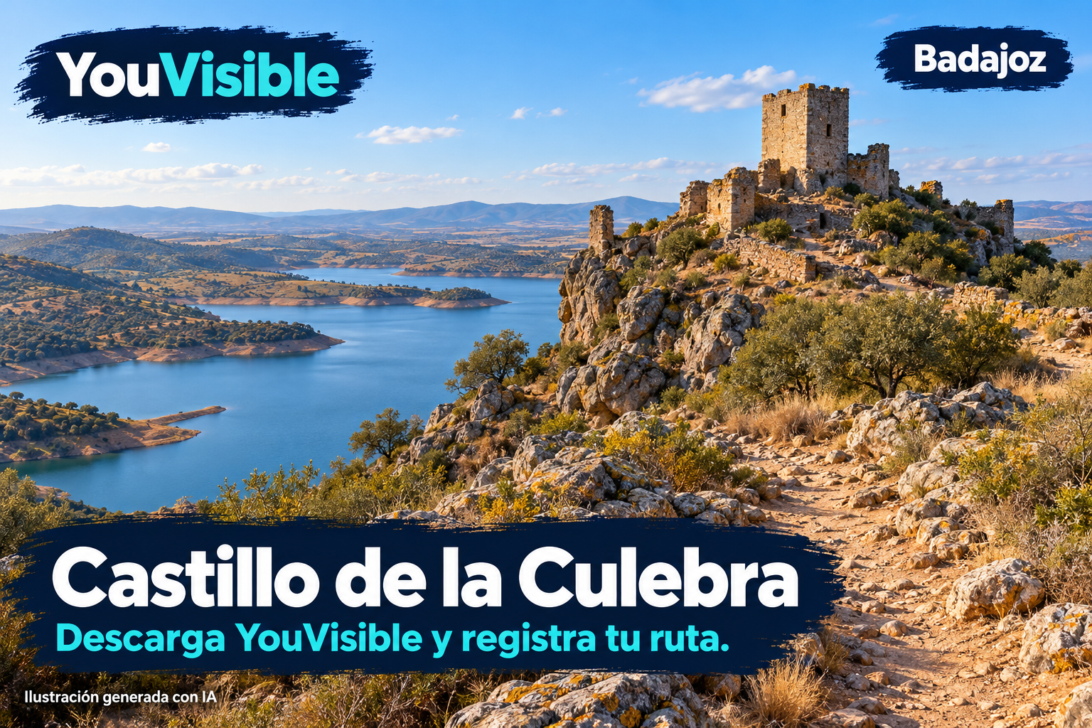 Ilustración promocional generada con IA para YouVisible: fortaleza de piedra sobre una ladera rocosa, camino y embalse, inspirados en el Castillo de la Culebra de Alange; incluye marca, título y llamada a registrar la ruta.