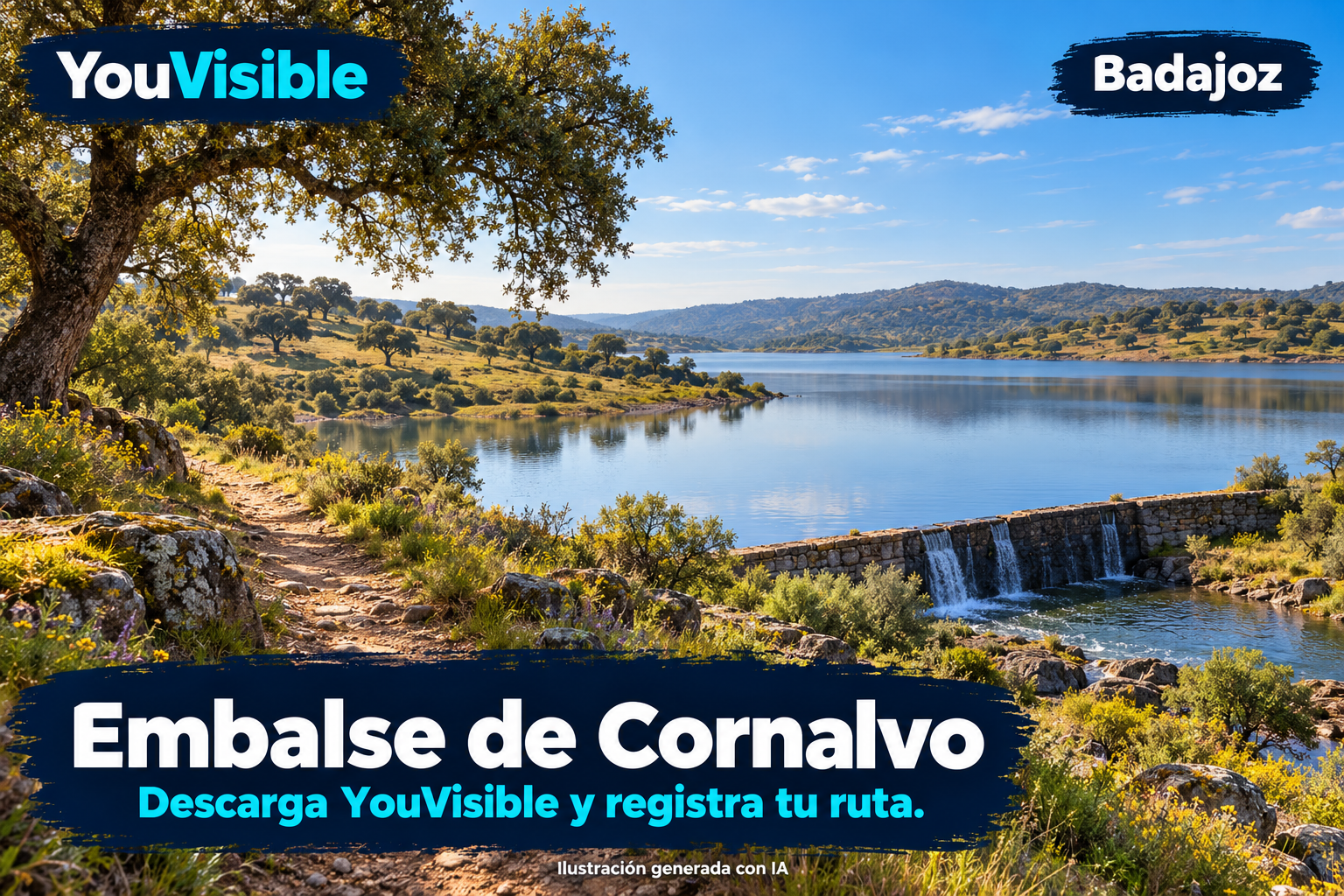 Ilustración promocional generada con IA para YouVisible: embalse entre dehesas, camino de tierra y construcción de piedra inspirados en Cornalvo; incluye marca, título y llamada a registrar la ruta.