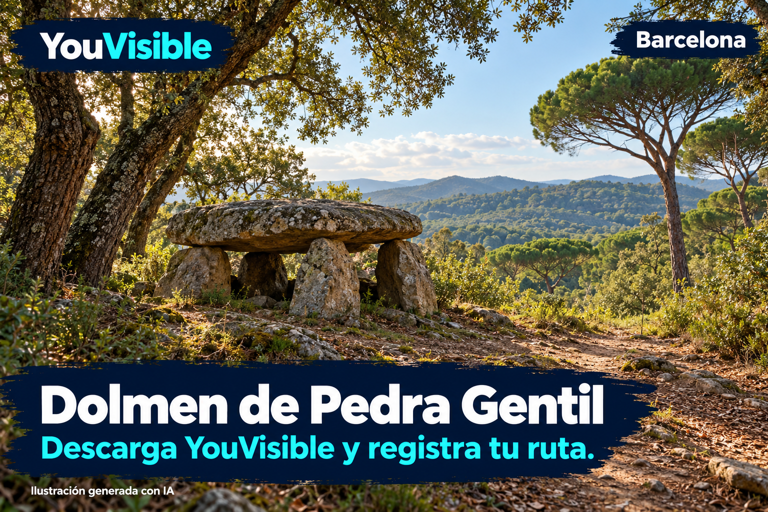Ilustración promocional generada con IA para YouVisible: dolmen de piedra en un claro entre pinos y árboles de bosque mediterráneo, inspirado en Pedra Gentil de Vallgorguina; incluye marca, título y llamada a registrar la ruta.
