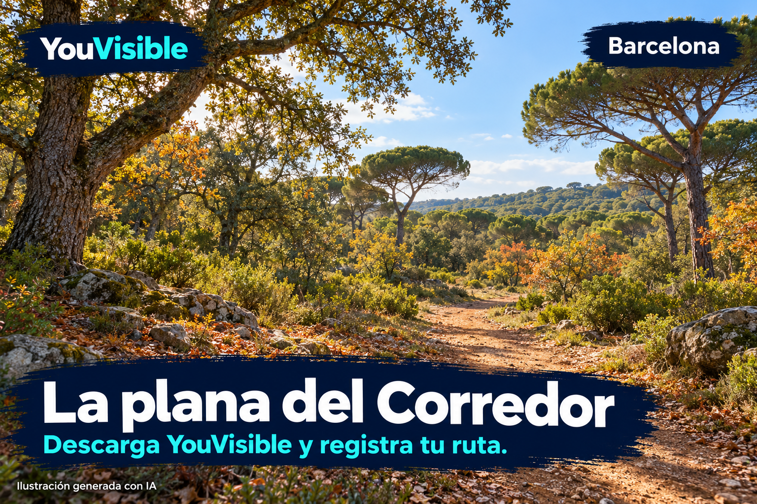 Ilustración promocional generada con IA para YouVisible: camino de tierra y claro entre pinos y árboles de bosque mediterráneo, inspirados en la plana del Corredor; incluye marca, título y llamada a registrar la ruta.