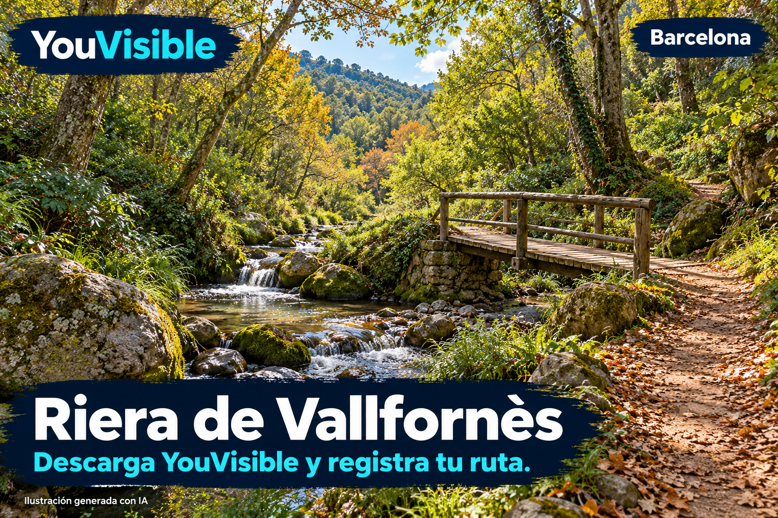 Ilustración promocional generada con IA para YouVisible: sendero de ribera, arroyo entre piedras y pequeña pasarela de madera, inspirados en la riera de Vallfornès; incluye marca, título y llamada a registrar la ruta.