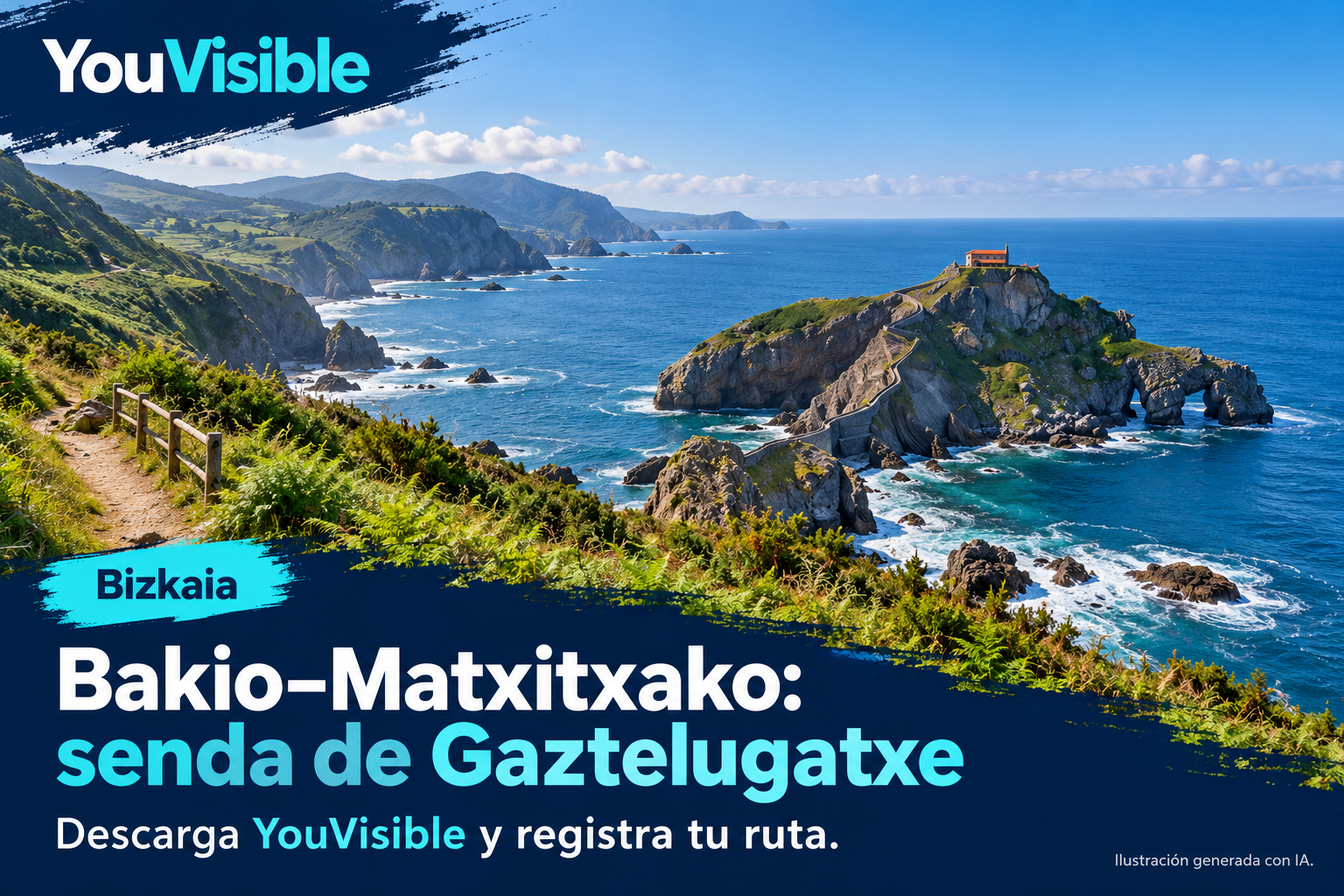 Ilustración promocional de YouVisible para la senda de Gaztelugatxe entre Bakio y Matxitxako, con costa, mar y un islote con edificio y escalinata vistos desde tierra; incluye título y llamada a registrar la ruta.