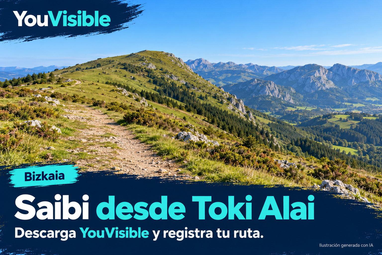 Ilustración promocional de YouVisible para Saibi desde Toki Alai, con una senda entre praderas, árboles y montañas; incluye título y llamada a registrar la ruta.