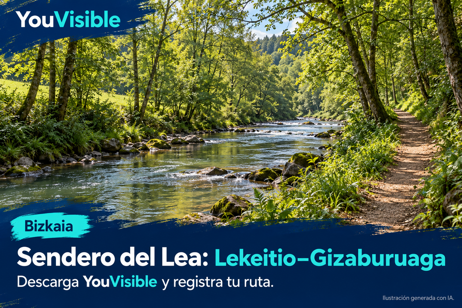 Ilustración promocional de YouVisible para el Sendero del Lea entre Lekeitio y Gizaburuaga, con camino junto a un río entre árboles y vegetación verde; incluye título y llamada a registrar la ruta.