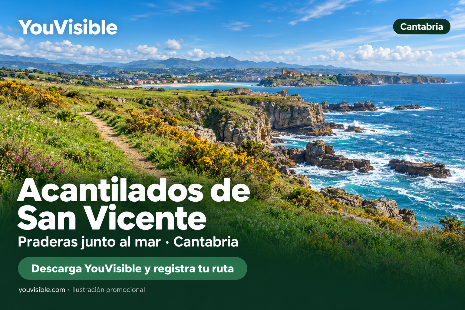 Ilustración promocional de un camino entre praderas y acantilados junto al mar Cantábrico, con título, marca YouVisible e invitación a registrar la ruta.