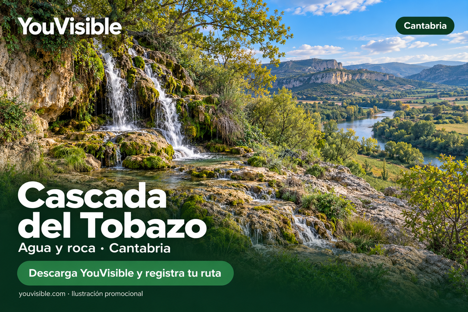 Ilustración promocional de la cascada del Tobazo entre roca caliza y vegetación del valle del Ebro, con título, marca YouVisible e invitación a registrar la ruta.