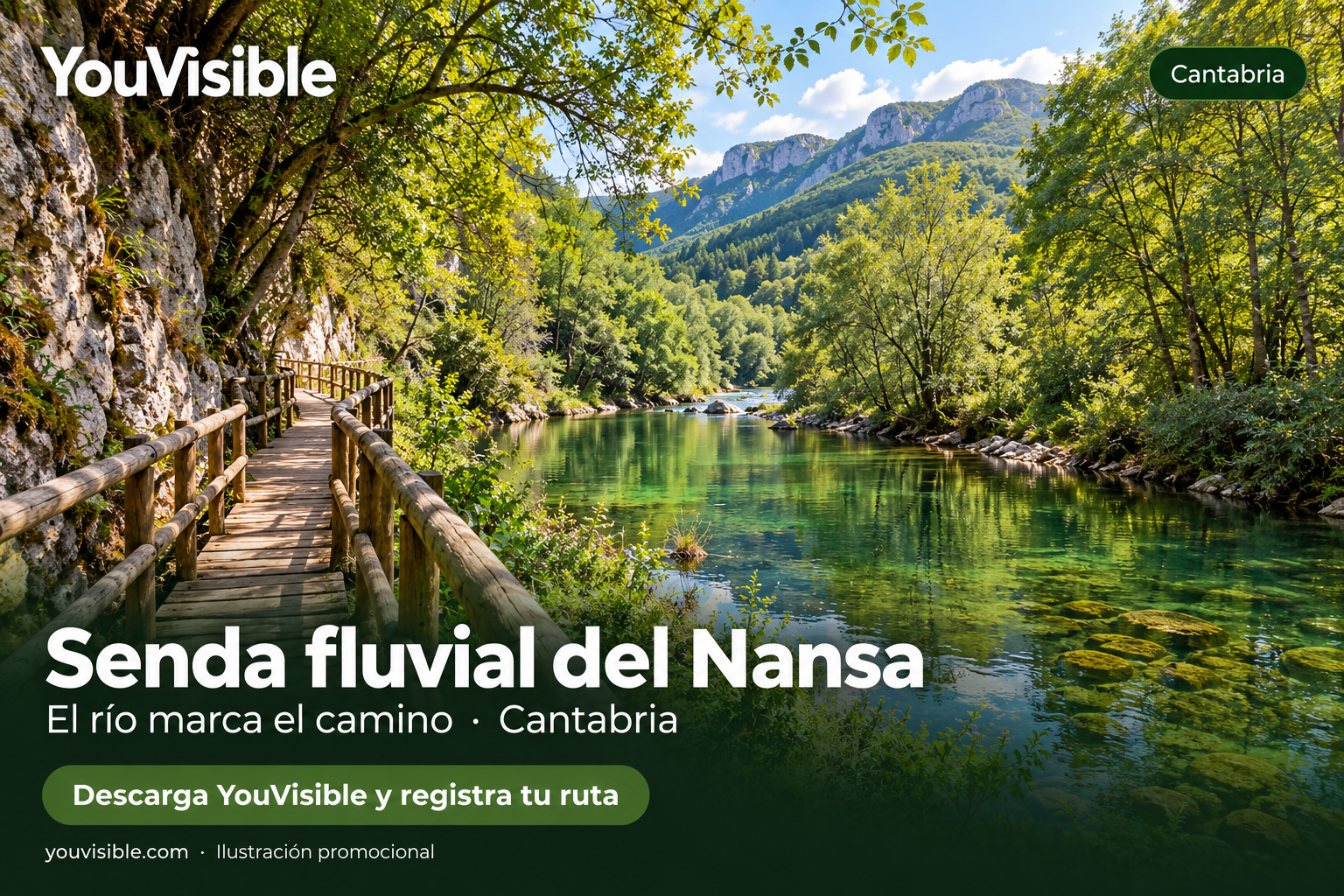 Ilustración promocional de una pasarela junto al río Nansa, rodeada de árboles y paredes de roca, con título, marca YouVisible e invitación a registrar la ruta.