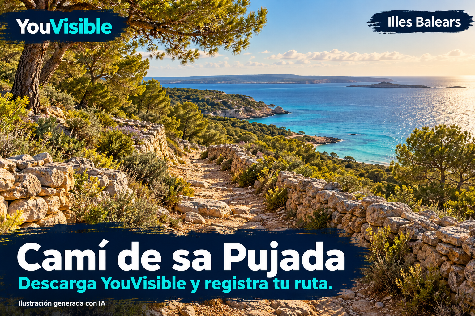Ilustración promocional generada con IA para YouVisible: camino pedregoso entre muros de piedra y pinos sobre la costa mediterránea, inspirado en el Camí de sa Pujada de Formentera; incluye marca, título y llamada a registrar la ruta.