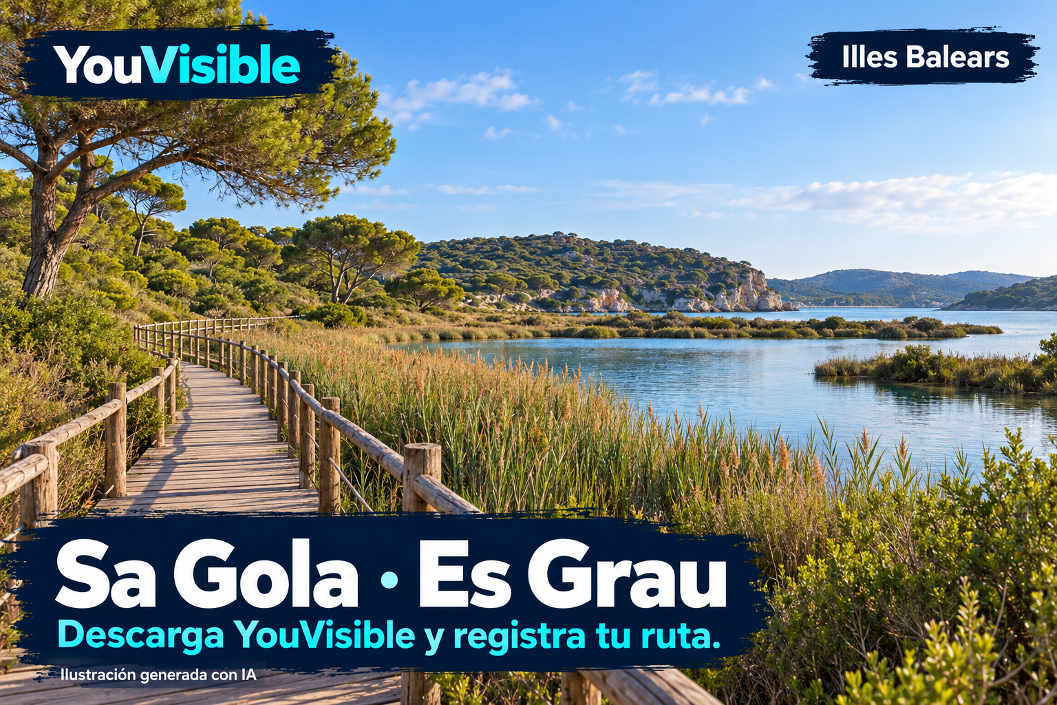 Ilustración promocional generada con IA para YouVisible: pasarela de madera junto a vegetación de humedal y una laguna, con pinos y relieve costero al fondo, inspirados en Sa Gola de Es Grau; incluye marca, título y llamada a registrar la ruta.