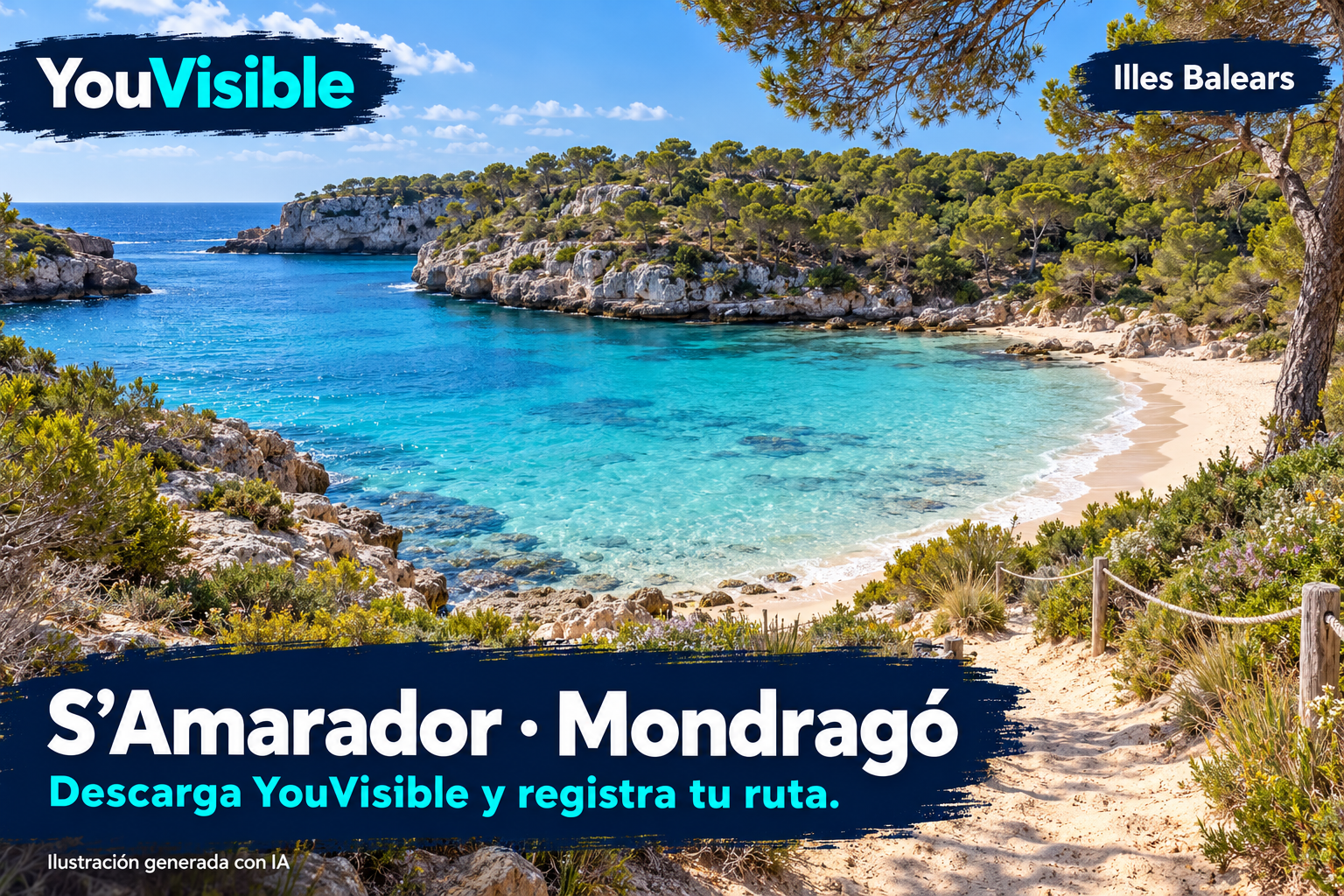Ilustración promocional generada con IA para YouVisible: cala de agua turquesa, pinar y camino delimitado junto a la playa, inspirados en s’Amarador y Mondragó; incluye marca, título y llamada a registrar la ruta.