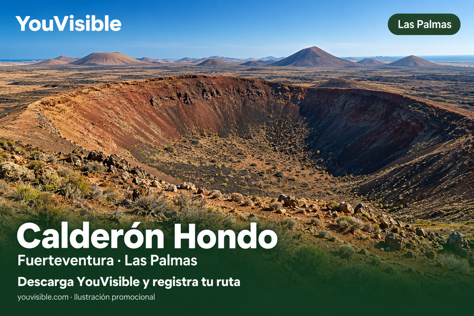 Ilustración promocional de YouVisible del cráter de Calderón Hondo en el paisaje volcánico de Fuerteventura