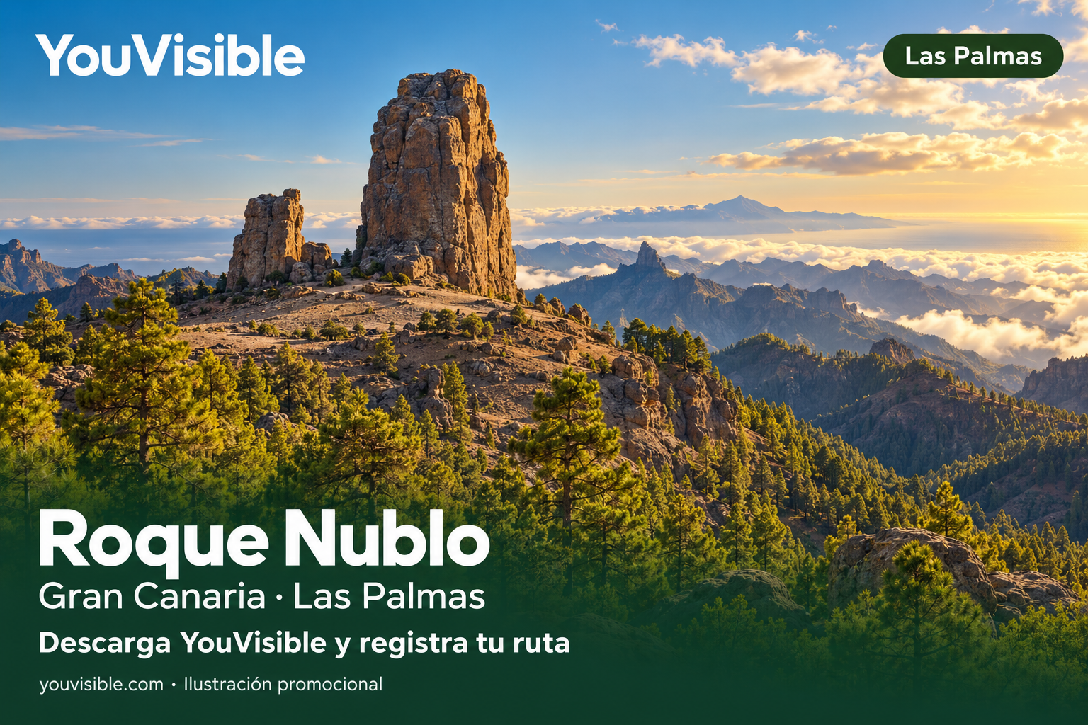 Ilustración promocional de YouVisible del Roque Nublo sobre una meseta entre pinares de Gran Canaria